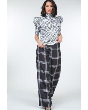 TRUEDAMES High Waist Plaid Print Wide Leg Pants - Gray