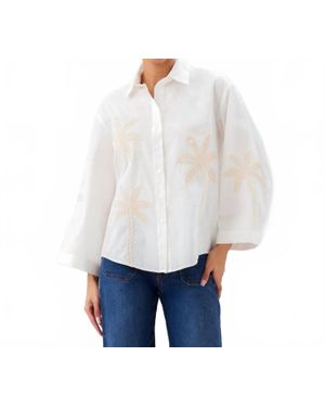 Karen Kane Bell Sleeve Embroidered Palm Tree Shirt - White