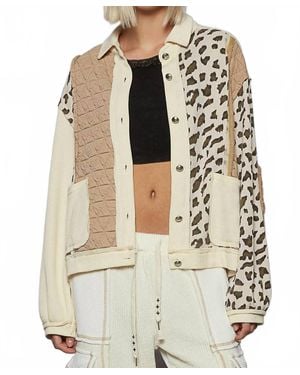 Pol Floral Animal Print Contrast Color Block Quilted Jacket - Natural