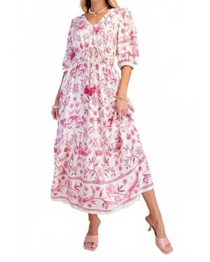 Easel Floral Botanical Printed Linen Maxi Dress - Pink