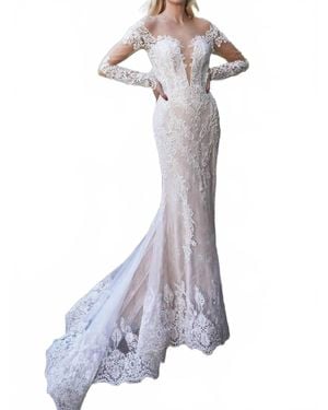 Andrea & Leo Couture Alyce Bohemian Nude Illusion Lace Long Sleeve Wedding Dress - White