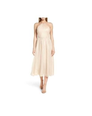 Vera Wang Champagne Shimmer Pleated Midi Dress - Natural