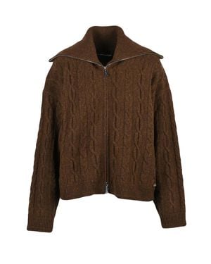 KARL LAGERFELD Cable Knit High Neck Wool-Blend Zip Cardigan - Brown