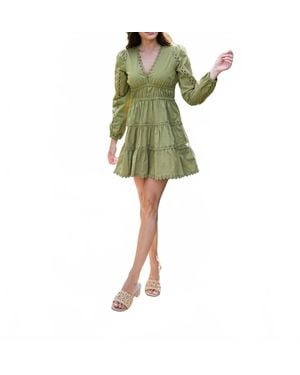 Sail To Sable V-Neck Cinched Waist Dress With Ric Rac - Green