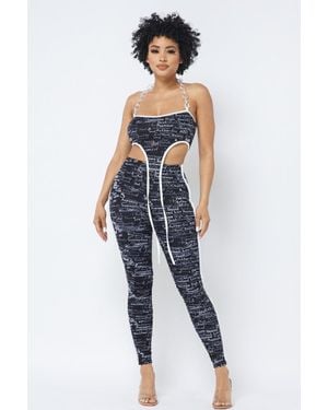 TRUEDAMES Mesh Print Crop Top With Plastic Chain Halter Neck With Matching Leggings - Blue