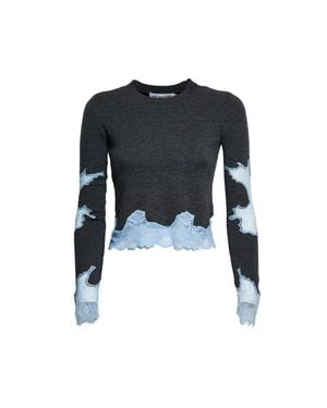Self-Portrait Contrast Lace Sweater With Delicate Appliqué - Blue