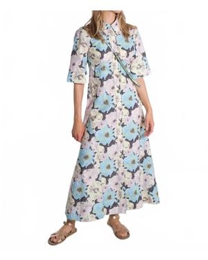 Ganni Printed Cotton Long Shirt Dress - Blue