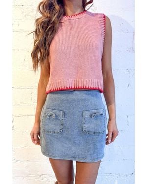 Main Strip Front Pocket Bow Denim Skirt - Blue