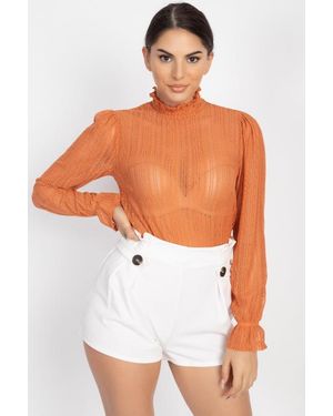 TRUEDAMES Ruffle Mock Neck Lace Top - White