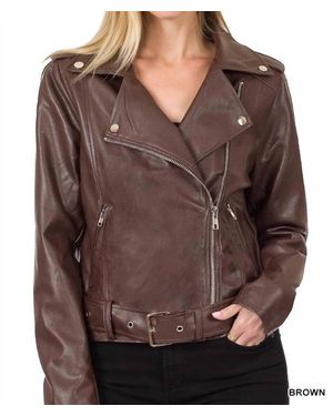 Zenana Belted Moto Jacket - Brown