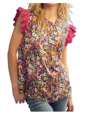 Voya Eyelet Ruffle Sleeve Print Top - Red