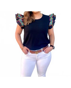 Washco Embroidered Layered Sleeve Top - Blue