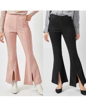 Mystree Suede Flare Front Slit Pants - Pink