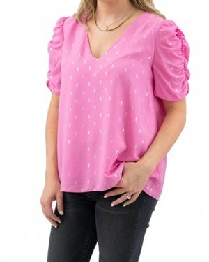 Adrienne Ruched Sleeve V-Neck Barbie Top - Pink