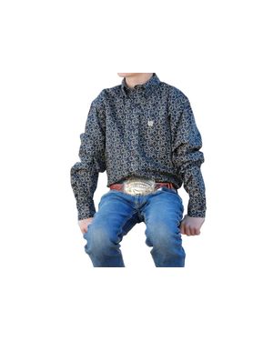 Cinch Boys Long Sleeve Geometric Print Button Down Shirt - Blue