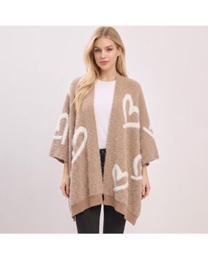 TRUEDAMES Fuzzy Heart Embossed Knit Shawl Winter Poncho - Natural