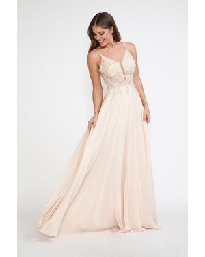 TRUEDAMES Lace Appliqué Spaghetti Strap A-Line Gown Formal Prom & Evening Dress - Natural