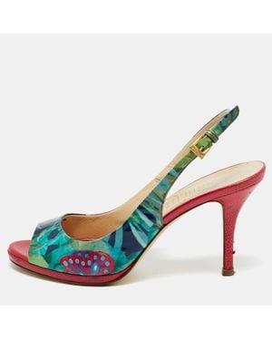 Loriblu Patent Leather Printed Flower Peep Toe Slingback Pumps - Blue