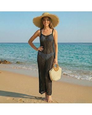 TRUEDAMES Geometric Diamond Crochet Beach Cover Up Sleeveless Maxi Dress - Blue