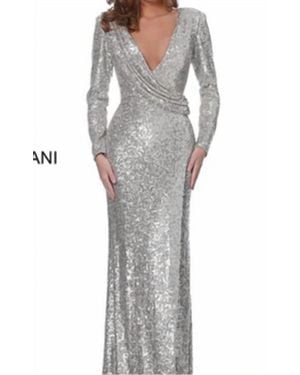 Jovani Long Sleeve Sequin Fitted Evening Gown - Gray