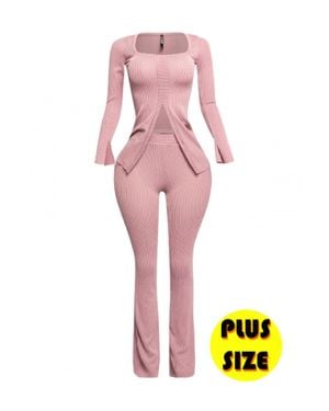 TRUEDAMES Plus Size Ribbed Pant Set With Slit Detail - Pink