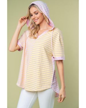 TRUEDAMES Birch Full Size Striped Short Sleeve Drawstring Hooded Top - Natural