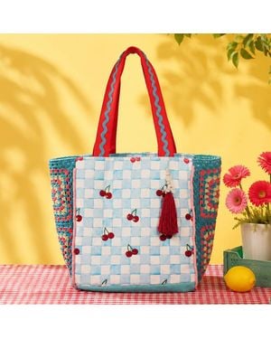 Fashnzfab Beaded Sequin Cherry Embroidered Pearl Shell Tassel Accent Granny Square Side Printed Canvas Large Shoulder Tote Bag