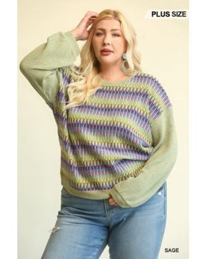 TRUEDAMES Novelty Knit And Solid Knit Mixed Loose Top With Drop Down Shoulder - Blue