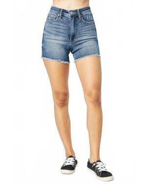 Judy Blue Highrise Tummy Control Frey Hem Shorts - Blue
