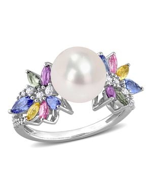 Mimi & Max 9-9.5 Mm Cultured Freshwater Pearl And 1 3/4 Ct Tgw Multi Sapphire (Light, & And 1/8 Ct Tw Diamond Flower Ring - Blue