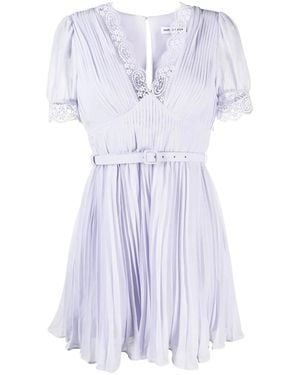 Self-Portrait Delicate Lilac Chiffon Mini Dress With Lace Trim And Pleated Design - Blue