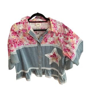 Bibi Denim Floral Button Up Crop Top - Pink
