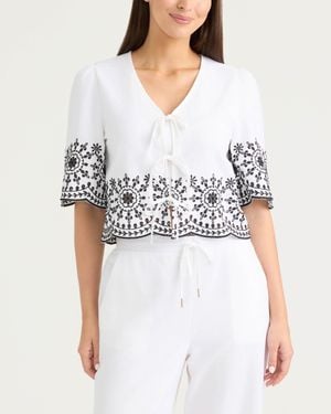 Ellen Tracy 3 Front Tie Embroidered Top - White