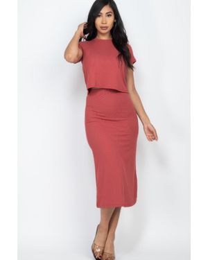 TRUEDAMES Short Sleeve Ribbed Top & Midi Skirt Se - Red