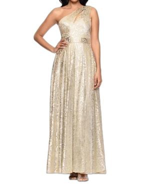 Betsy & Adam One-Shoulder Wrap Foil Floral Gown - Natural
