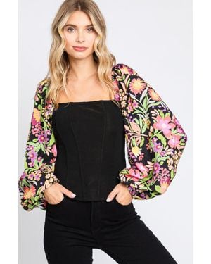 TRUEDAMES Oddi Full Size Floral Balloon Sleeve Blouse - Black
