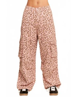 Davi & Dani Animal Washed Leopard Denim Elastic Pants - Red