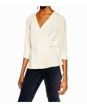 TOPSHOP V-Neck 3/4 Sleeve Belted Crepe Wrap Blouse - White