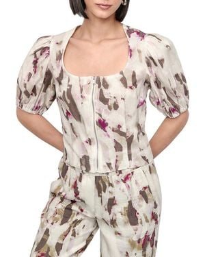 DKNY Puff Sleeve Zip Front Linen Top - Multicolor
