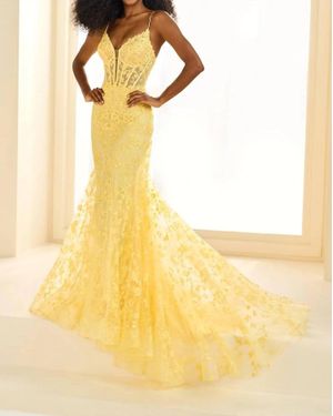 Ellie Wilde Long Embroidered Prom Dress - Yellow