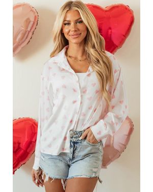 TRUEDAMES Love Heart Print Drop Shoulder Puff Sleeve Shirt - Red