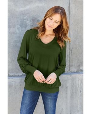 TRUEDAMES Full Size V-Neck Lantern Sleeve Blouse - Green