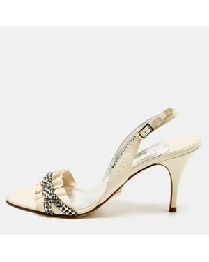 Gina Cream Leather Crystal Embellish Slingback Sandals - Natural