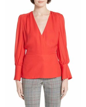 LEWIT Surplice V-Neck Silk Long Sleeve Blouse Top - Red
