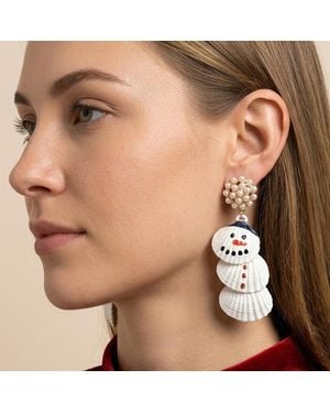 Fashnzfab Pearl Cluster Triple Shell Shape Snowman Link Drop Statement Earrings - Brown