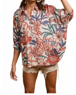 Bibi Floral Print Oversized Short Sleeve Top - Red