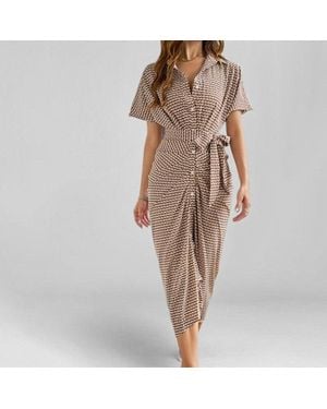 TRUEDAMES Summer V-Neck High Waist Temperament Breasted Buckle Lace-Up Short Sleeve Dress - Brown