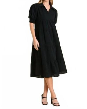 Umgee Tiered Cuffed Sleeve Midi Dress - Black