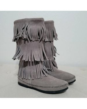 Minnetonka 3 Layer Fringe Boots - Gray