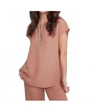 Renuar Embroidery Linen Blend Cap Sleeve Top - Pink